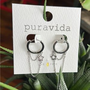 Pura Vida silver star, hoop earrings, dangle chain loop, sterling silver posts.
